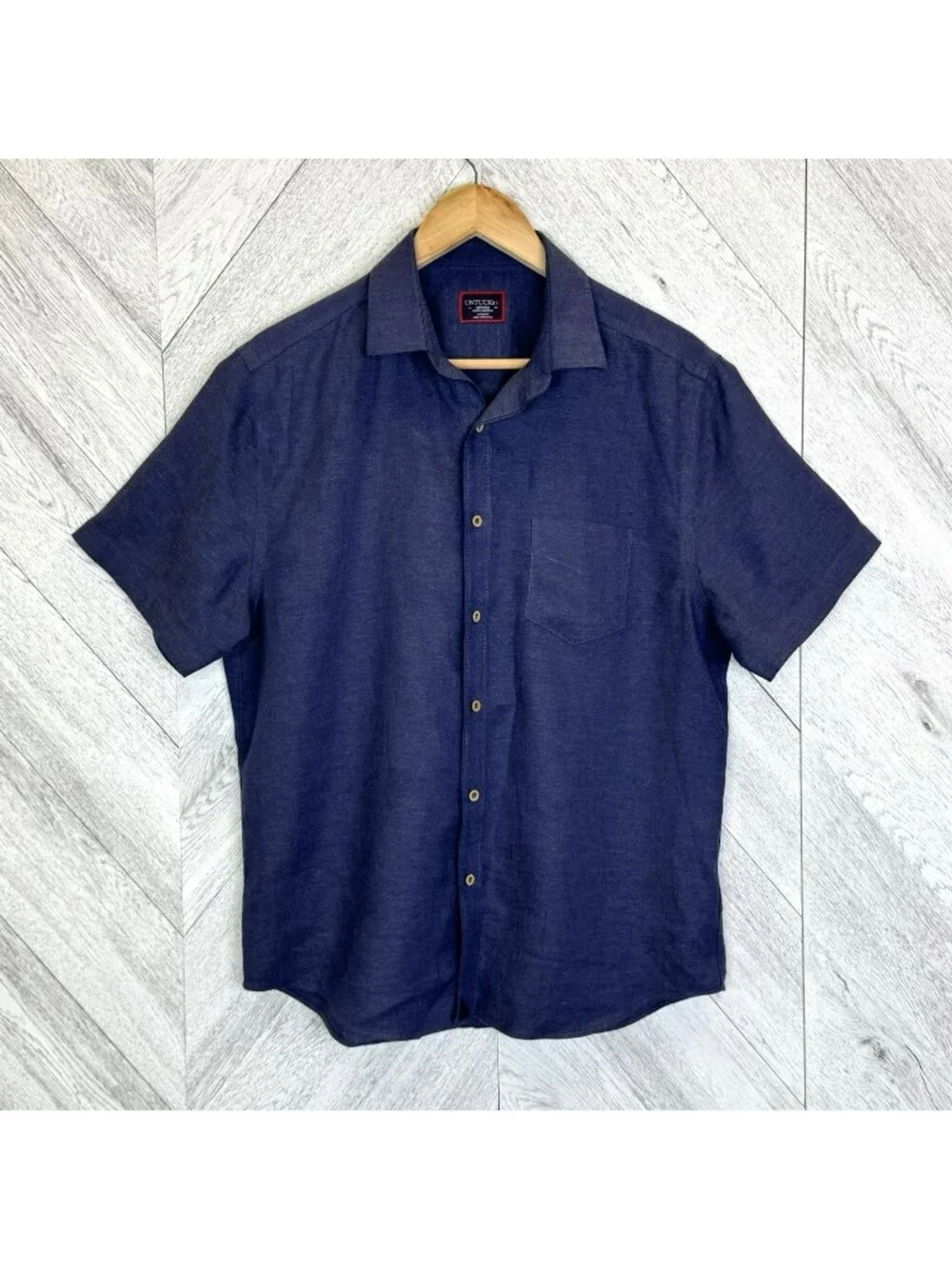 UNTUCKit Cameron Navy Blue Short Sleeve Shirt 100% Linen Mens Size Medium